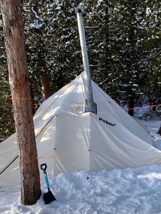 A hot tent surrounded by trees and snow.