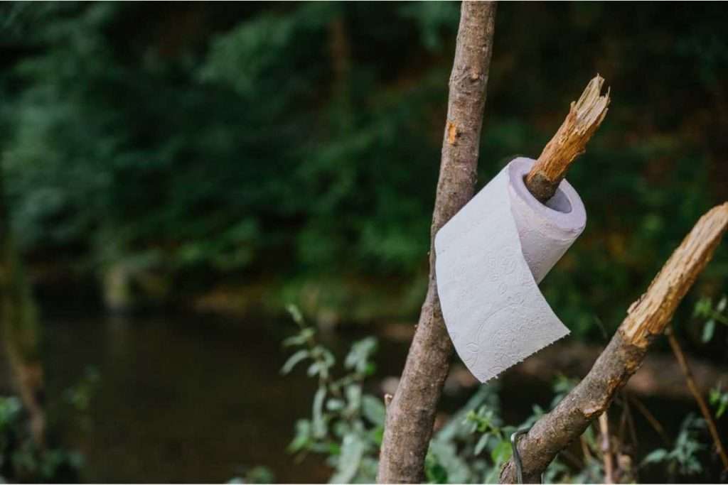 Toilet paper held by a tree branch outdoors.