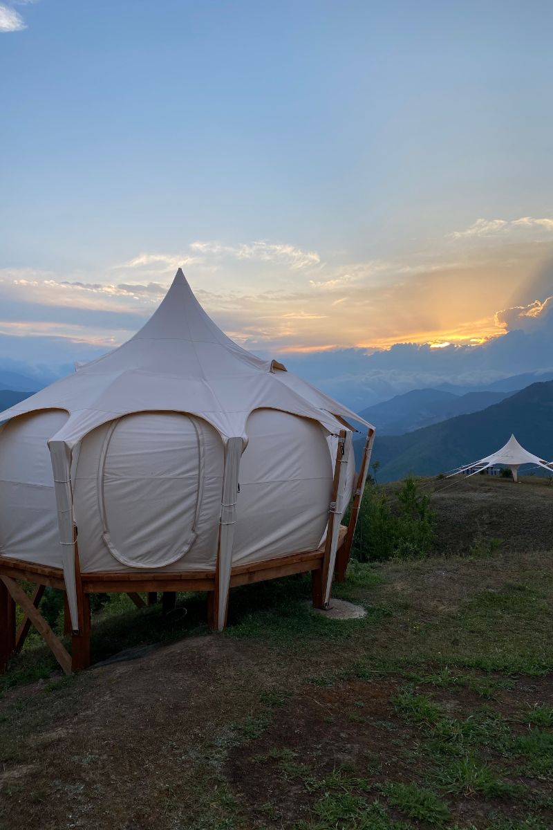 A glamping tent in the mountains